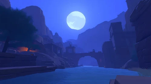 Mysterious Nightscape with Moonlit River and Ancient Structure