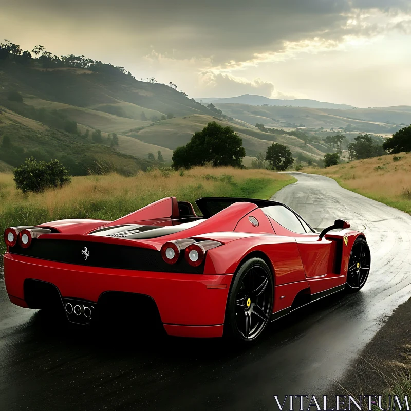 Countryside Drive with Modern Red Sports Car AI Image