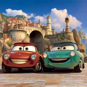 Whimsical Scene with Animated Cars and Medieval Architecture