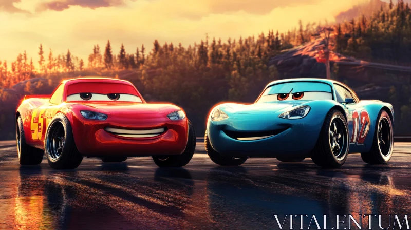 Expressive Cartoon Cars in Scenic Landscape AI Image