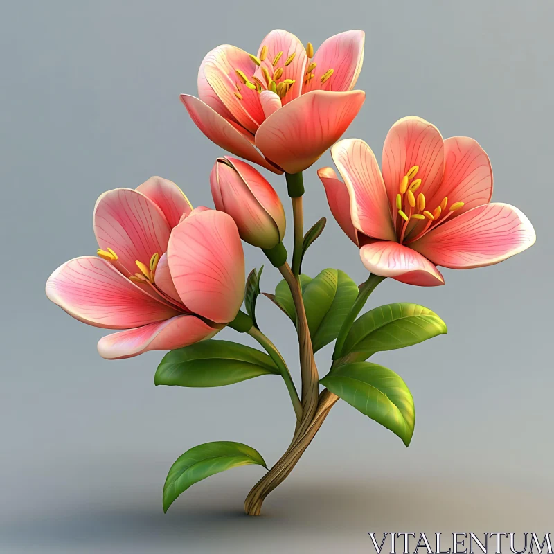 Pink Blossoms with Yellow Stamens on a Floral Stem AI Image