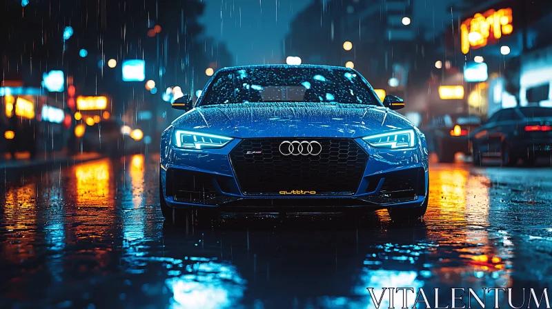 Audi Car in Rainy Nighttime Cityscape AI Image