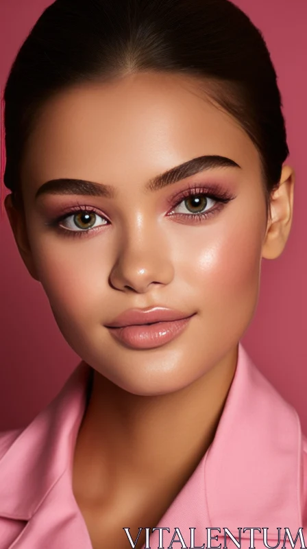 Captivating Portrait of a Woman with Dark Brown Hair and Pink Makeup AI Image