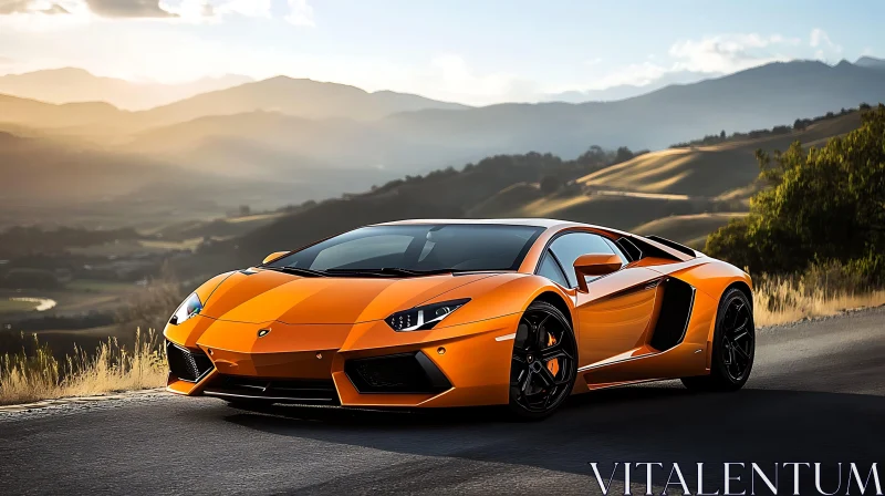 Luxury Orange Car in Scenic Mountain Setting AI Image