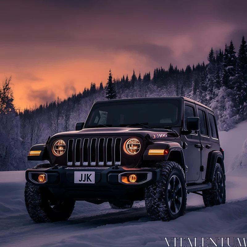 SUV in Snowy Landscape at Sunset AI Image