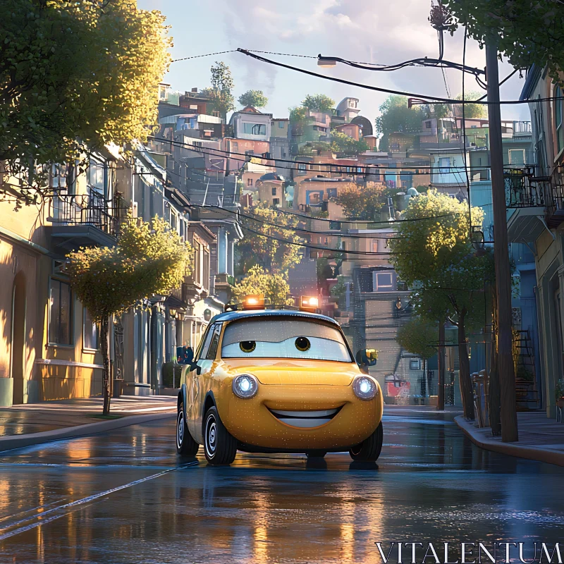 Smiling Yellow Car in Animated Urban Landscape AI Image