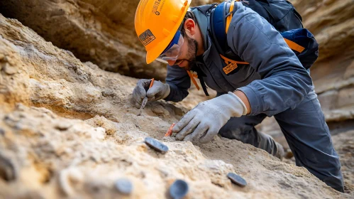 Meticulous Worker in Rocky Landscape