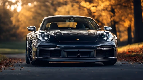 Elegant Black Sports Car Amidst Autumn Foliage