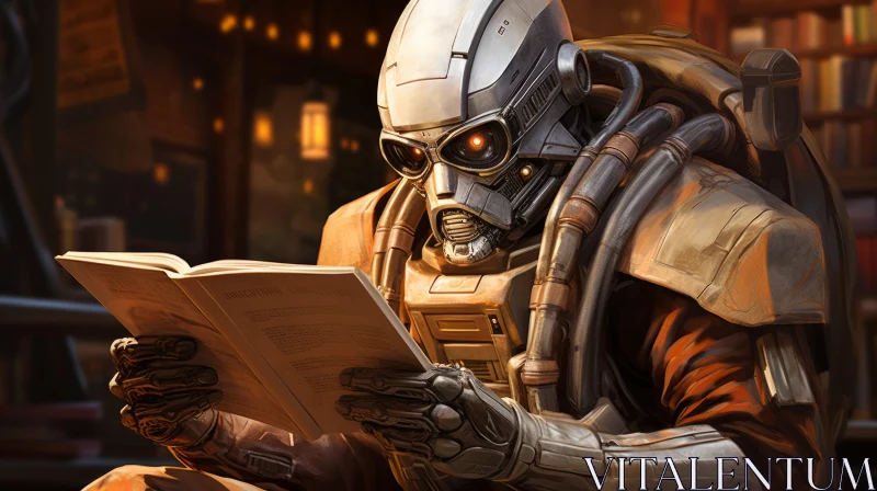Man in Protective Gear Reading a Book in a Futuristic Setting AI Image