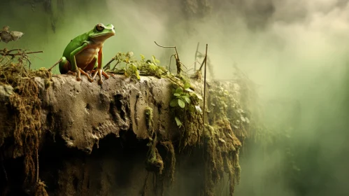 Misty Jungle Vista: A Frog's Dreamlike Perch
