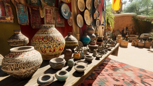 Handcrafted Pottery Display in Open Market