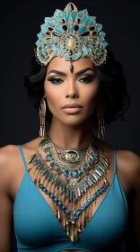 Captivating Fashion Model: Egyptian-Inspired Jewelry in Dark Turquoise and Light Bronze