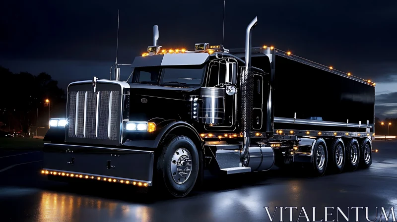 Illuminated Black Semi-Truck on Wet Night Road AI Image