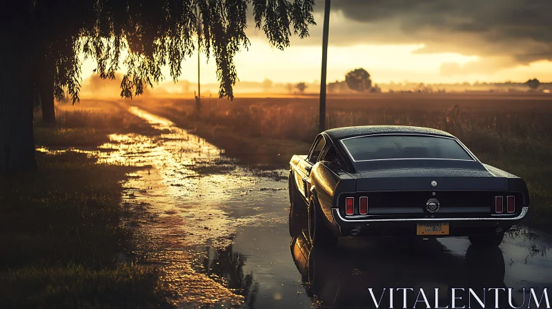 Classic Car in Tranquil Sunset Scene AI Image