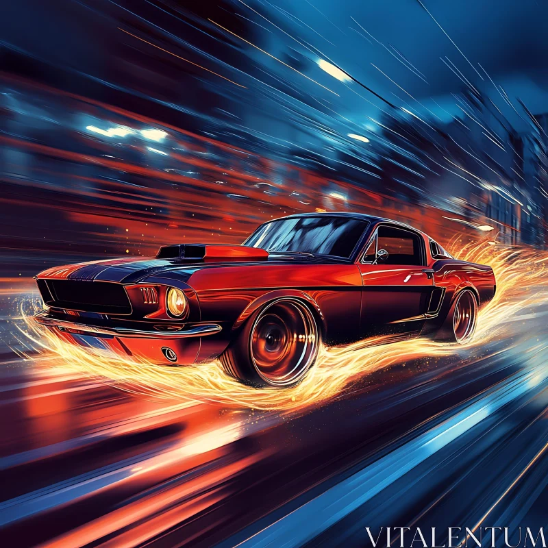 High-Speed Retro Car in Fiery Motion AI Image