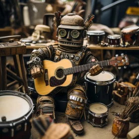 Rustic Robot Musician: A Captivating Scene of Primitive and Modern Fusion