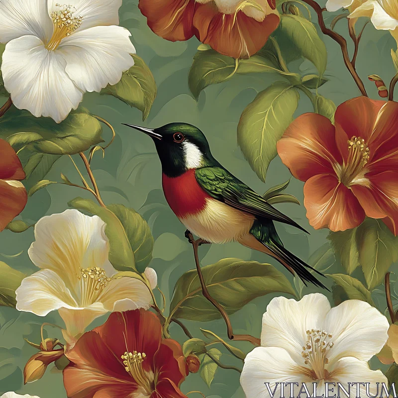 Exotic Bird Amidst Colorful Flora AI Image