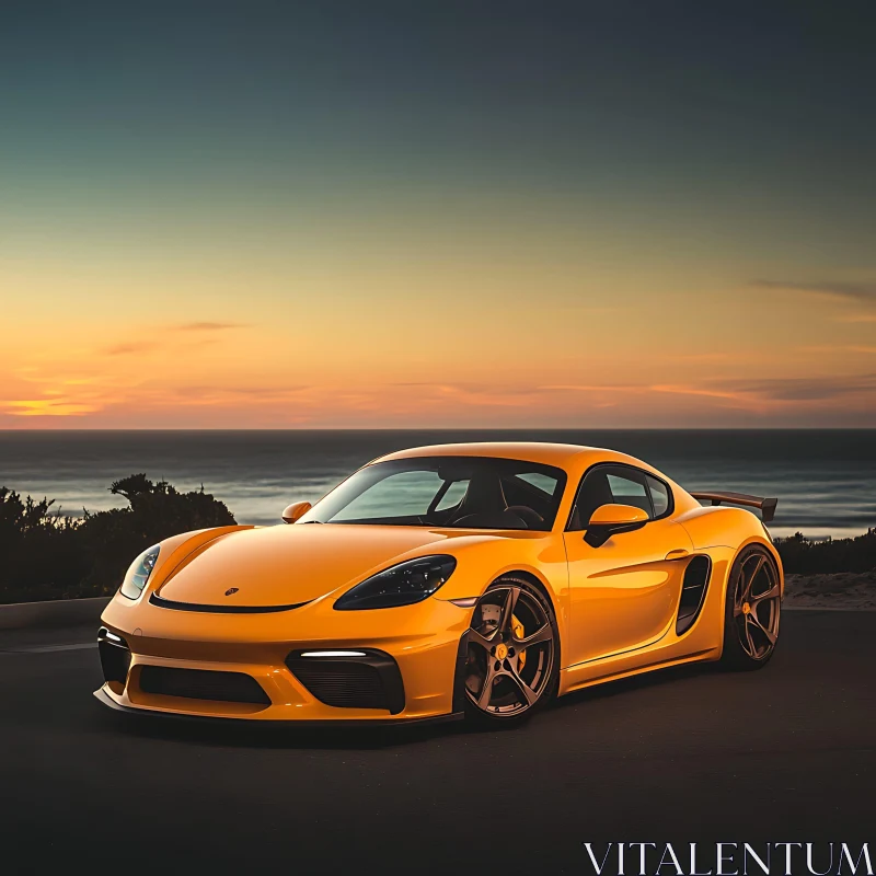 Luxury Yellow Sports Car Sunset Beach View AI Image