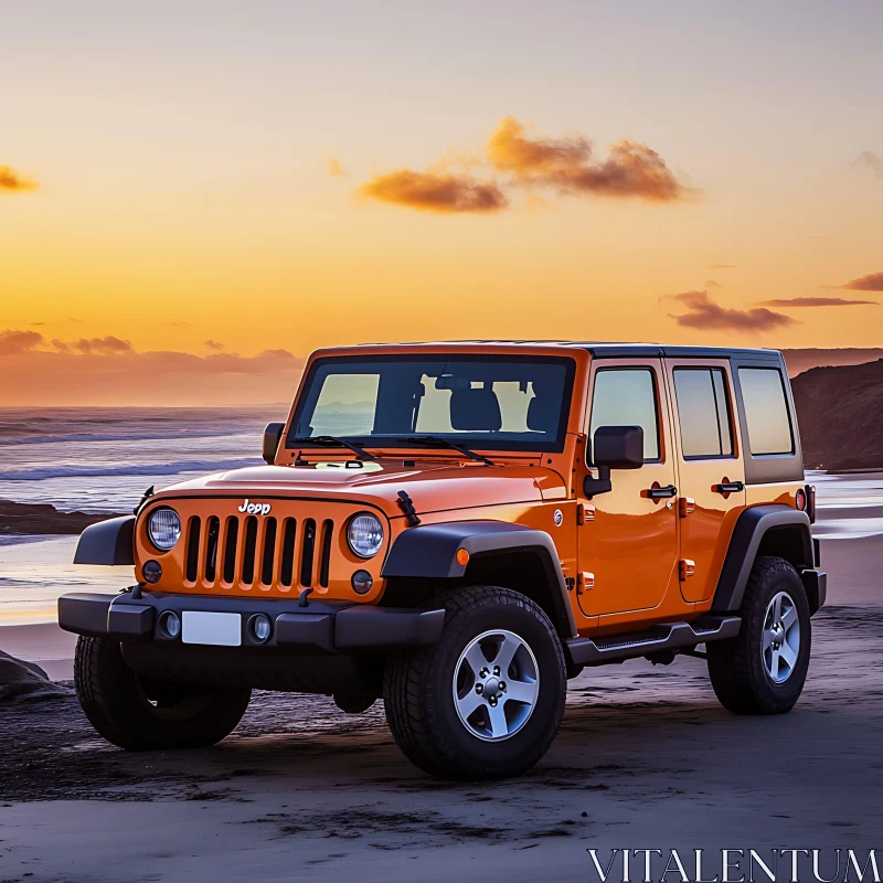 Orange Jeep on Sandy Beach During Sunset AI Image