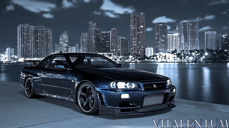 Sleek Black Car with Urban Skyline at Night AI Image