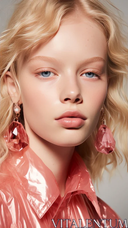 Captivating Fashion Portrait with Pink Leather Jacket and Exquisite Earrings AI Image