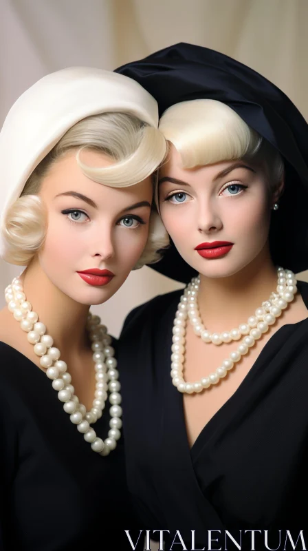 Captivating Retro Artistry: Elegant Women with Pearls AI Image