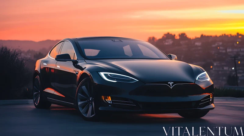 Sleek Black Car at Sunset AI Image