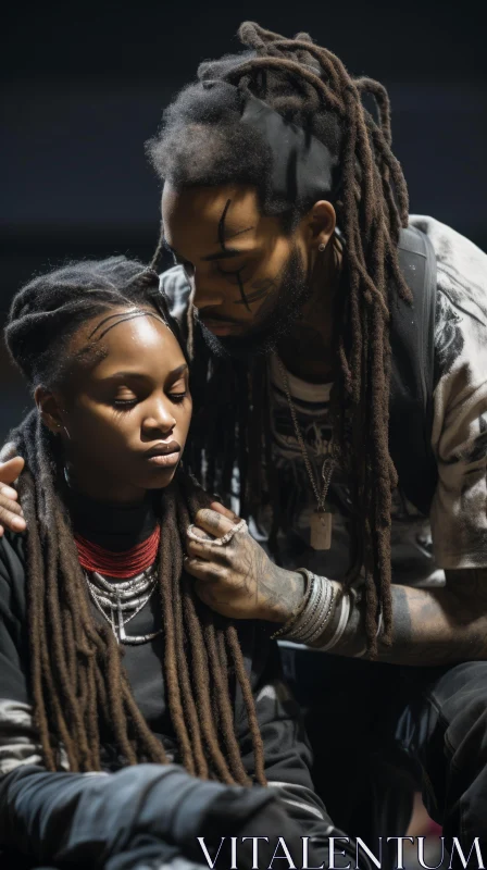 Emotional and Dramatic Artwork of a Man with Dreadlocks Embracing a Woman AI Image