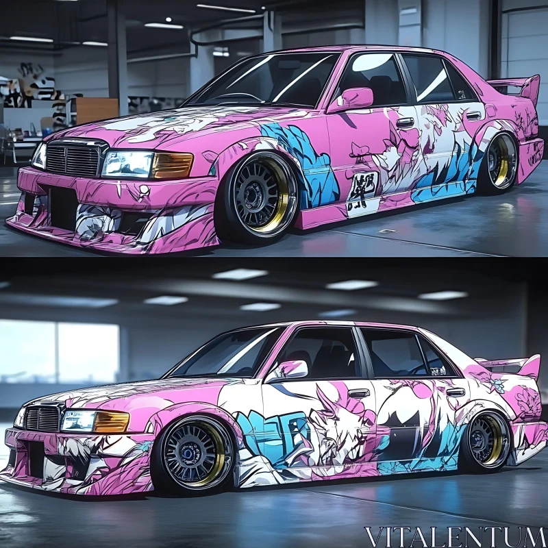 Custom Pink Sedan with Anime Art AI Image