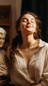 Young Woman Posing with a Sculpture of a Philosopher | Organic Sculpting