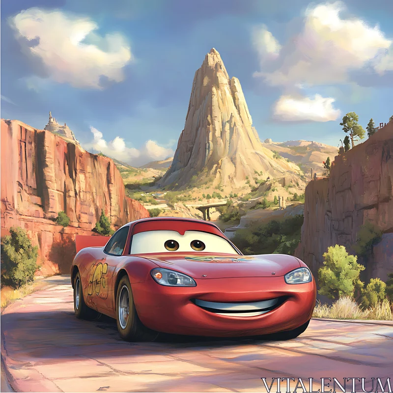 AI ART Smiling Animated Red Car in Desert with Mountain Backdrop