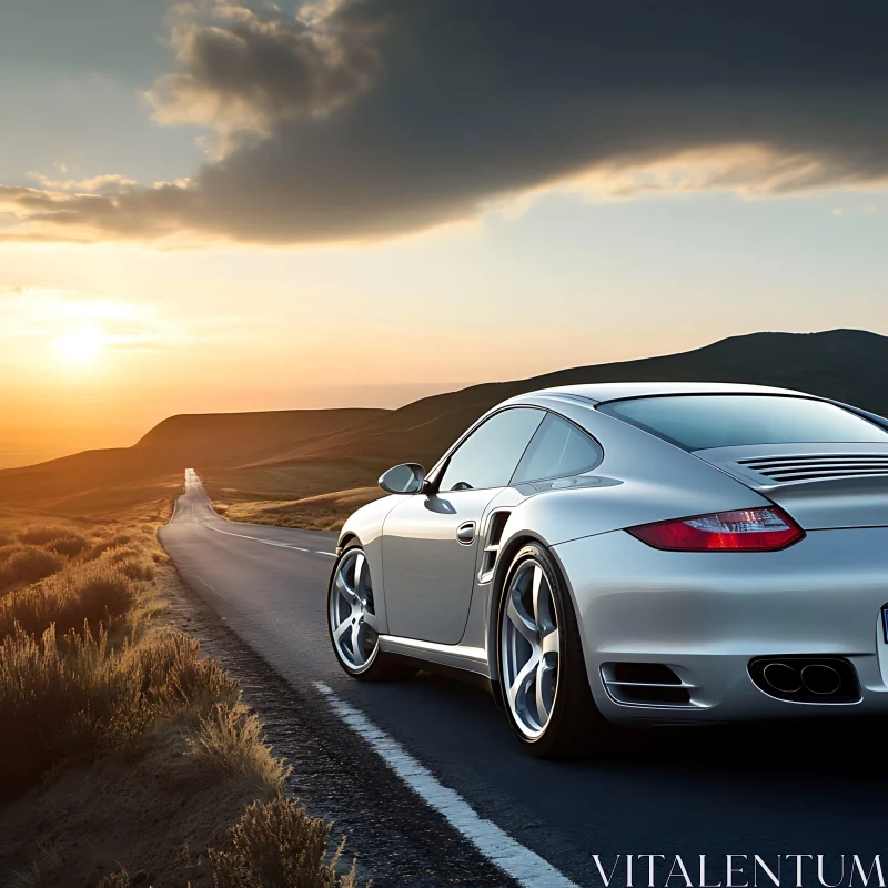 Stunning Silver Car at Dusk on Scenic Road AI Image