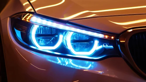 Bright Blue LED Car Headlights Close-Up