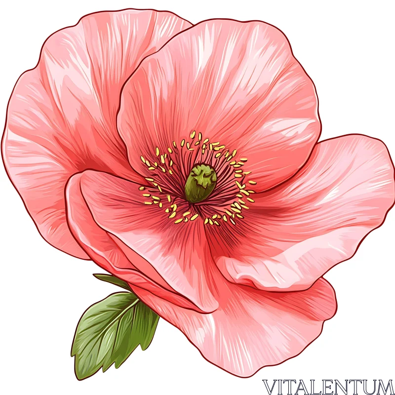 Botanical Art of Pink Flower with Green Leaves AI Image