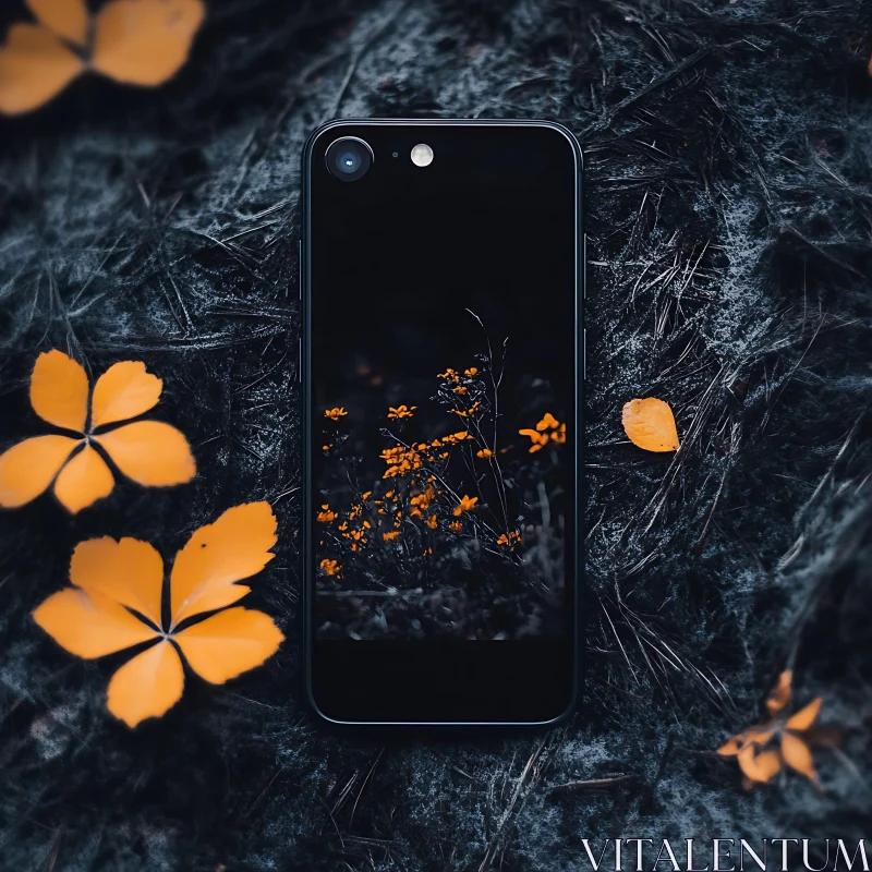 AI ART Orange Blossoms on Phone Display Against Dark Backdrop