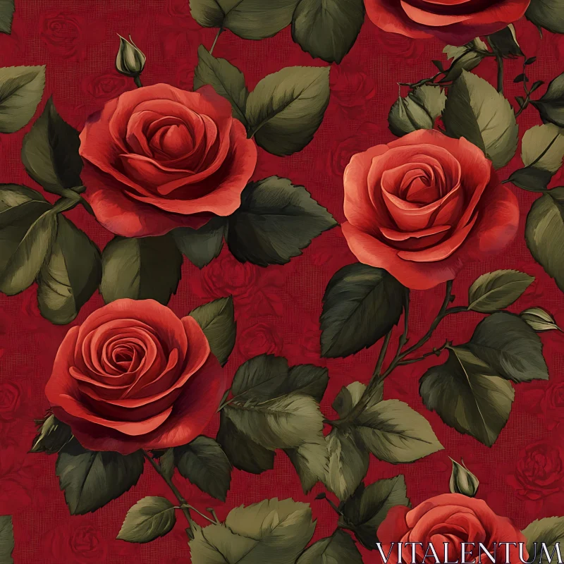 AI ART Detailed Red Roses with Green Leaves Against Red Background