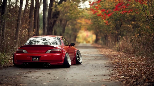 Autumn Road and Red Sports Car