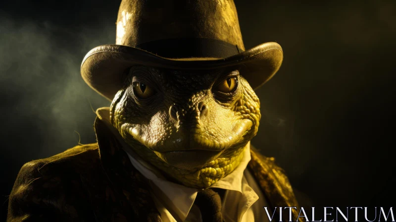 Fantasy Lizard Portrait in Top Hat and Tie AI Image