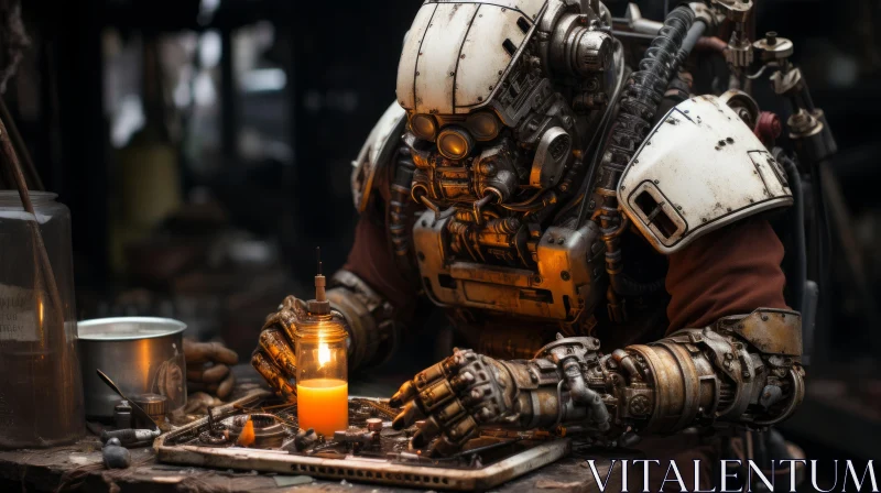 Mechanical Robot Lights Candle in Urban Setting AI Image