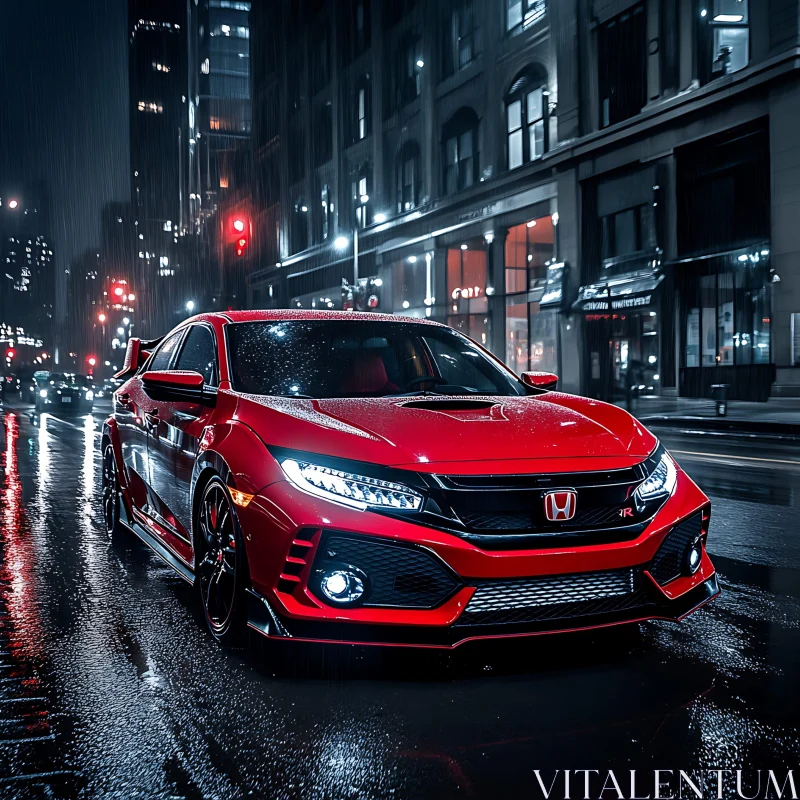 Sleek Red Car on Wet Urban Street at Night AI Image