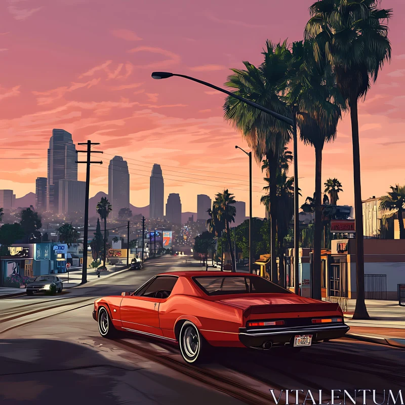 Sunset City Drive with Classic Car AI Image