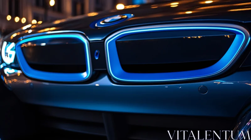 Close-Up of Car Front with Blue LED Lights AI Image