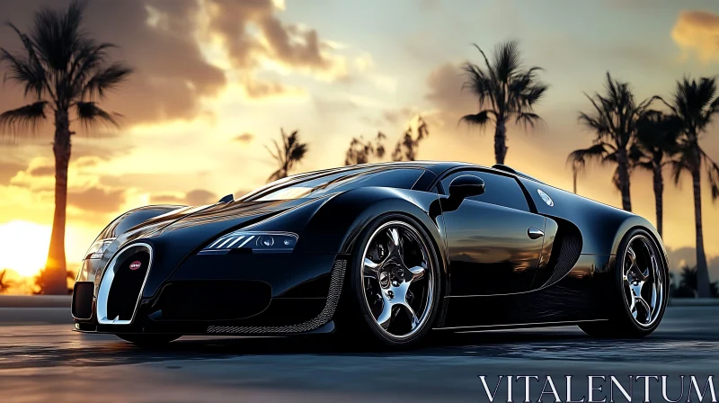 Sleek Black Supercar in Golden Sunset AI Image