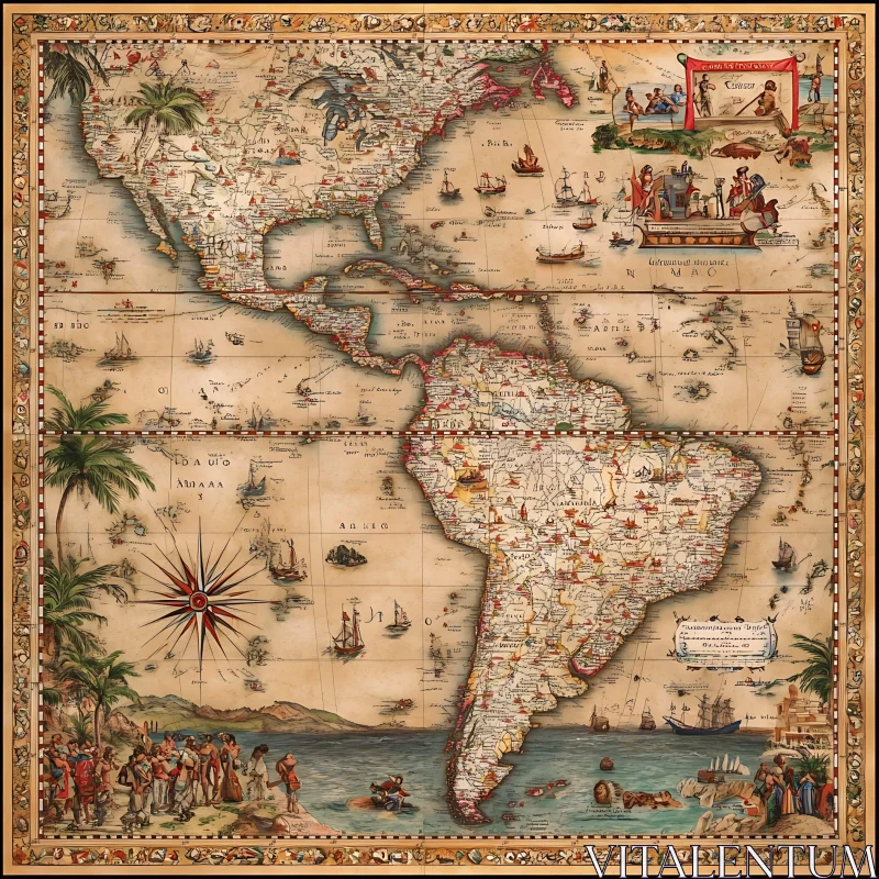 Historic Cartography: Detailed Antique Map of the Americas AI Image