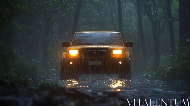 Vehicle in Rainy Forest AI Image