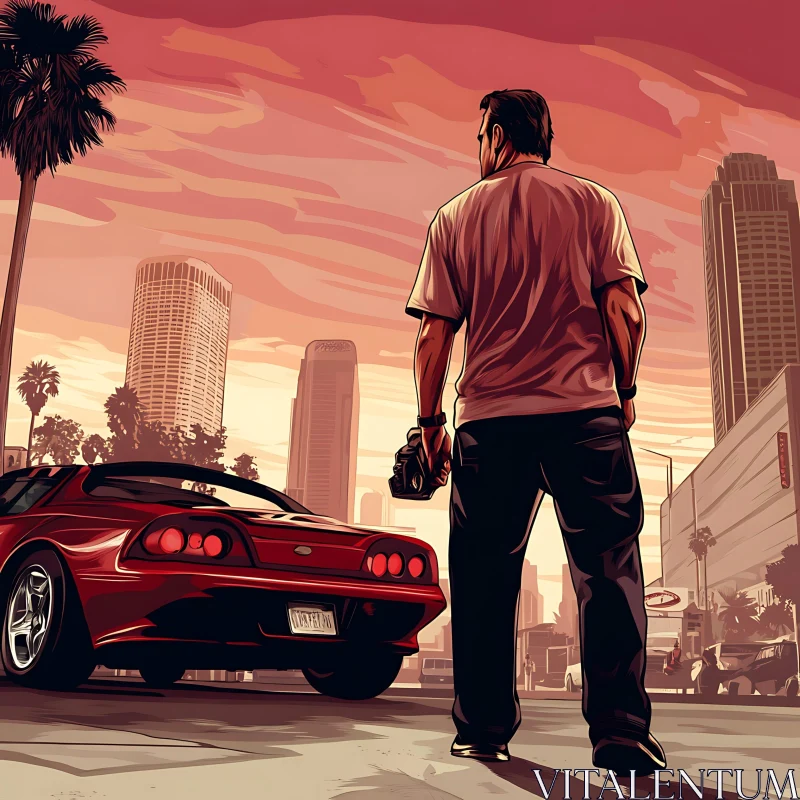 Urban Sunset with Man and Red Sports Car AI Image