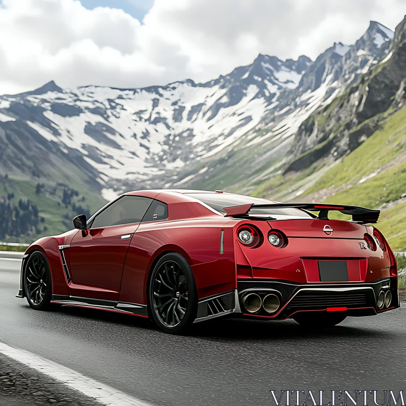 Modern Red Sports Car in Scenic Mountains AI Image