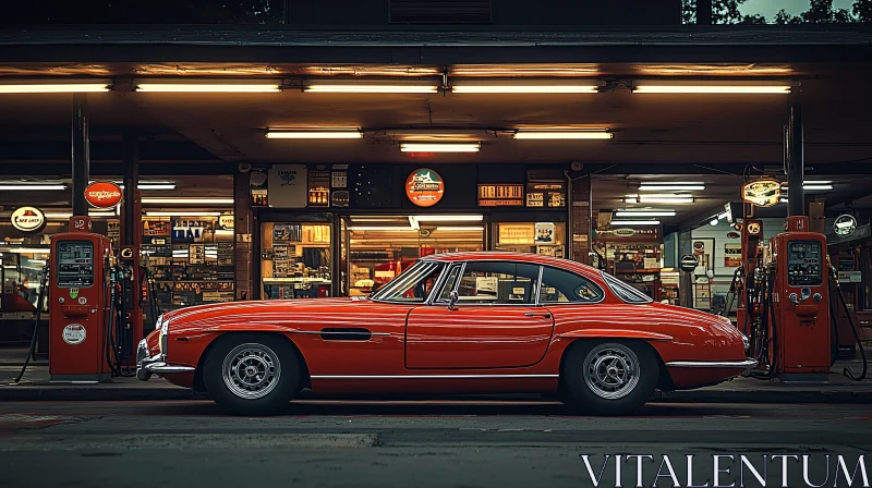 Classic Automobile at Nighttime Gas Station AI Image