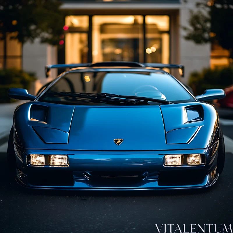 Sleek Blue Sports Car with Illuminated Headlights AI Image