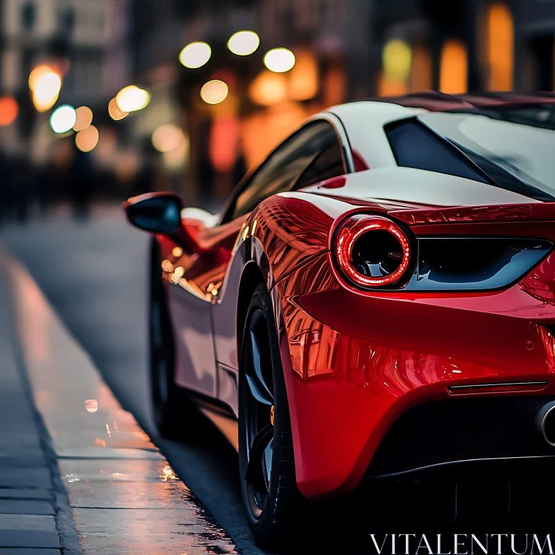 Elegant Red Car Amidst Night City Lights AI Image